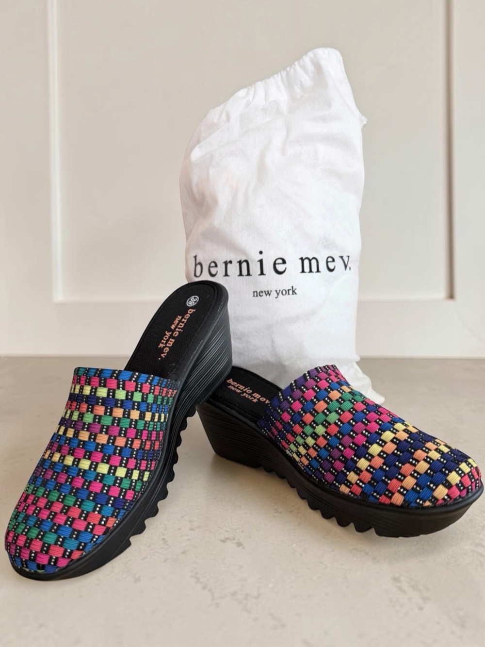 Colorful Bernie Mev Rainbow Stretch Woven Memory Foam Wedge Platform Mules